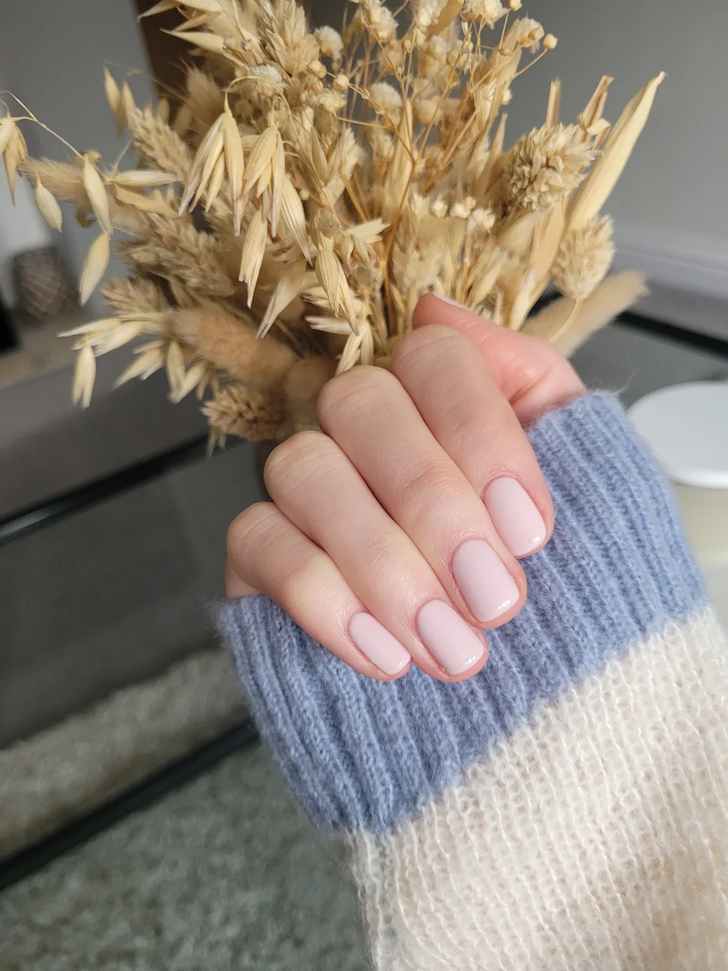 Soft pink polished nails photographed with dried flowers at VGBeauty